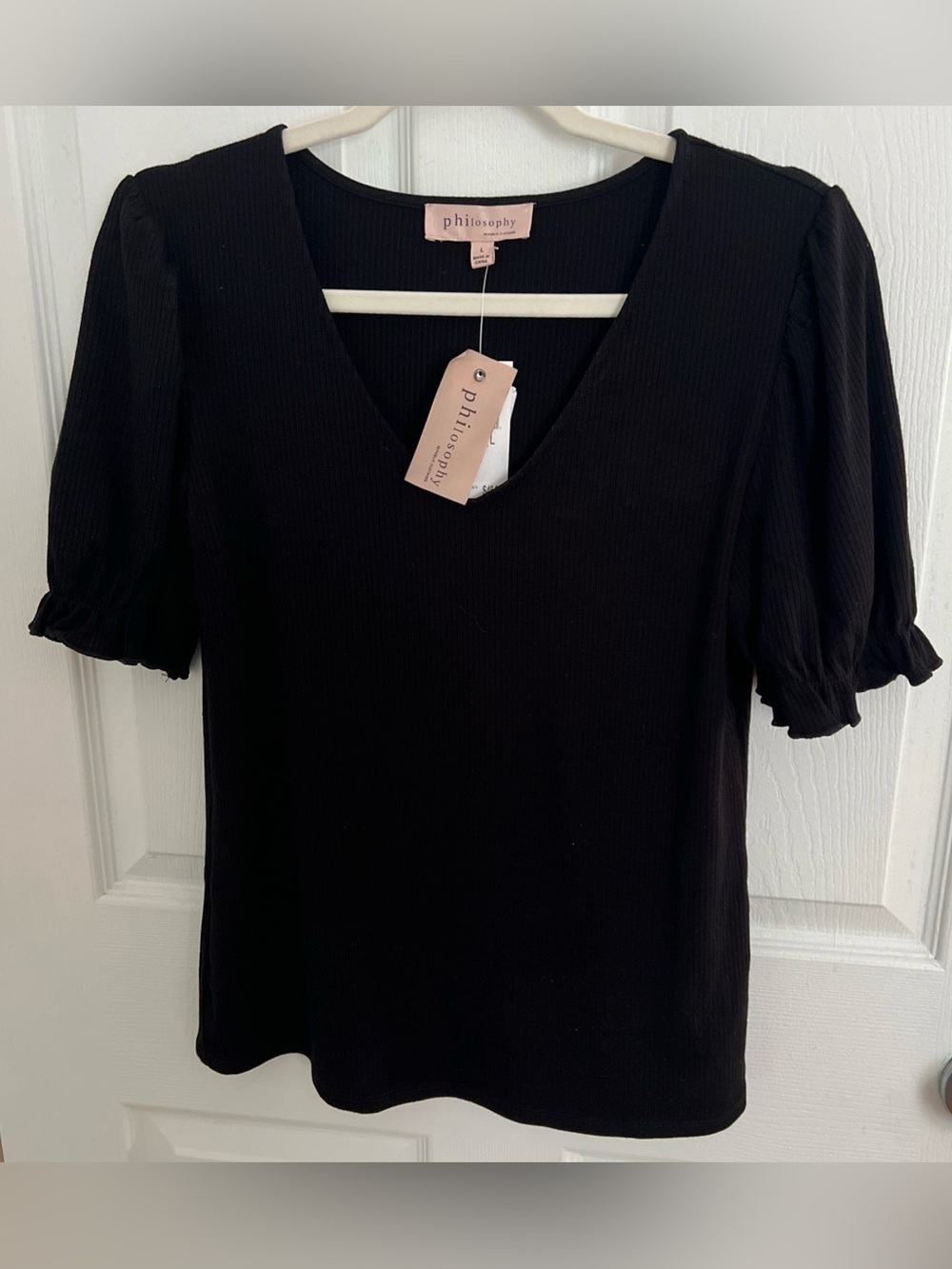 Philosophy Black V-Neck Puff Sleeve Ribbed Top
